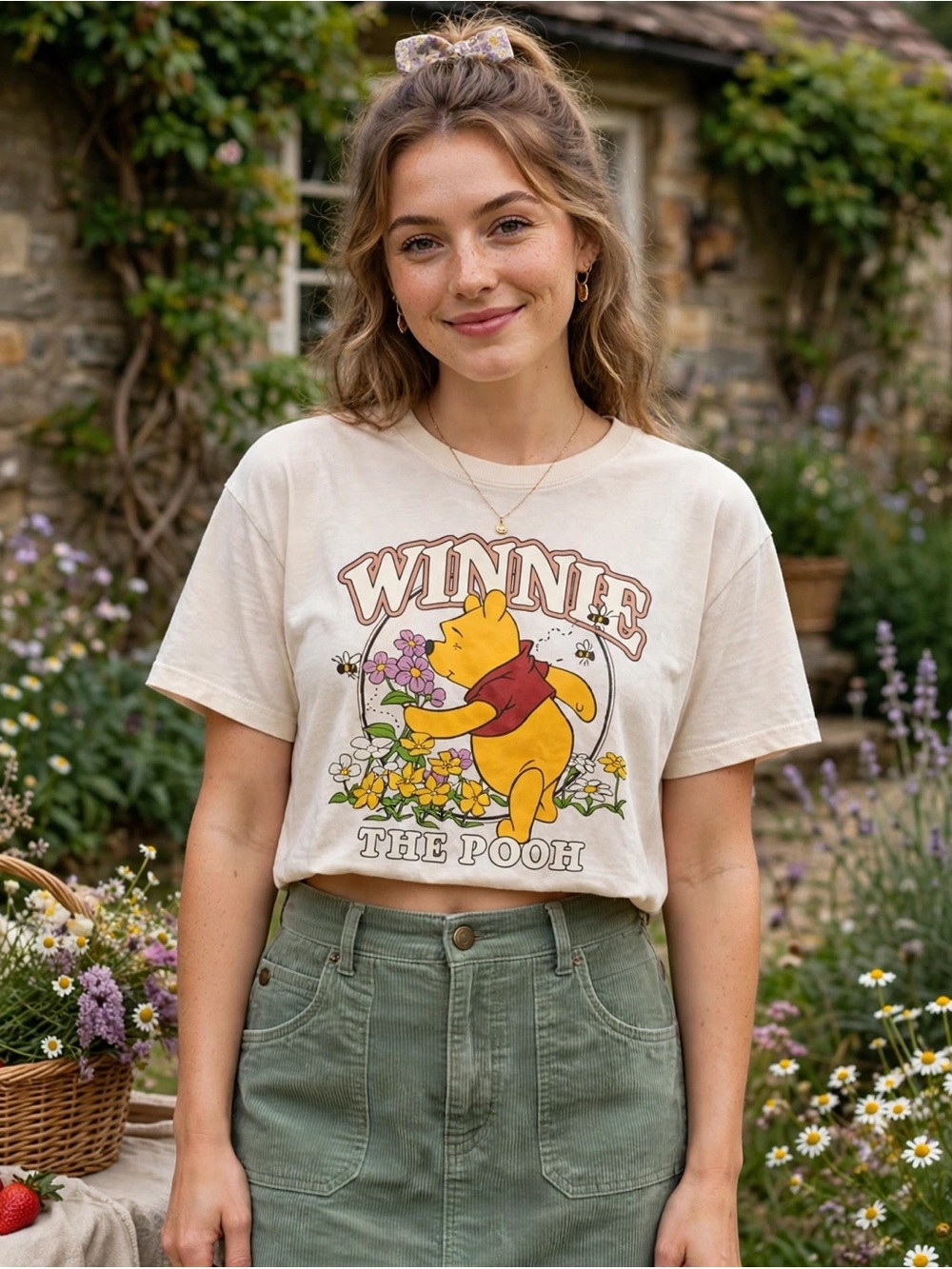 DISNEY WINNIE THE POOH WOMENS XL CROPPED GRAPHIC T SHIRT CREAM FLORAL BEES BOXY